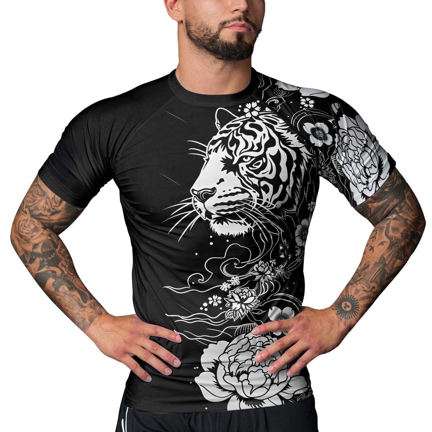 Rashninja Tiger Black White Men's Short Sleeve Rash Guard