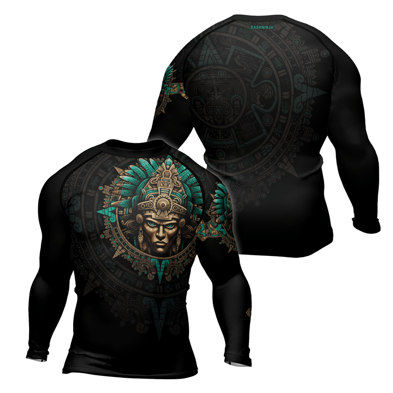 Rashninja Aztec Tribe Warrior Skull Men's Long Sleeve Rash Guard