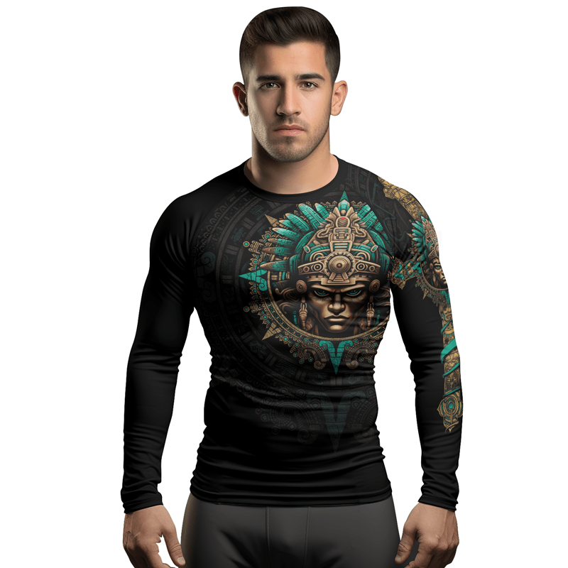 Rashninja Aztec Tribe Warrior Skull Men's Long Sleeve Rash Guard