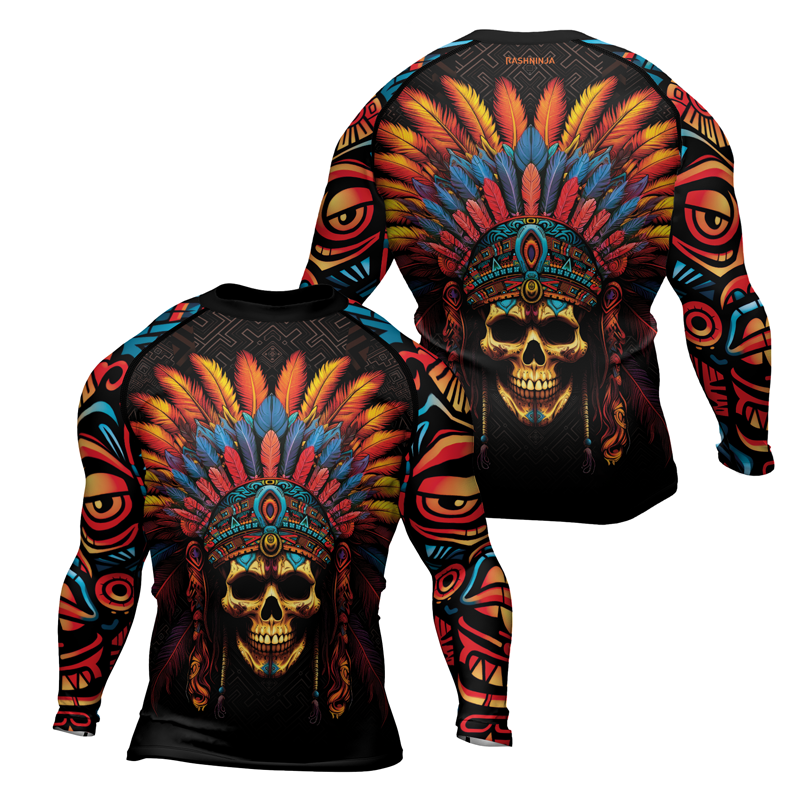Rashninja Aztec Chieftain Skull Men's Long Sleeve Rash Guard