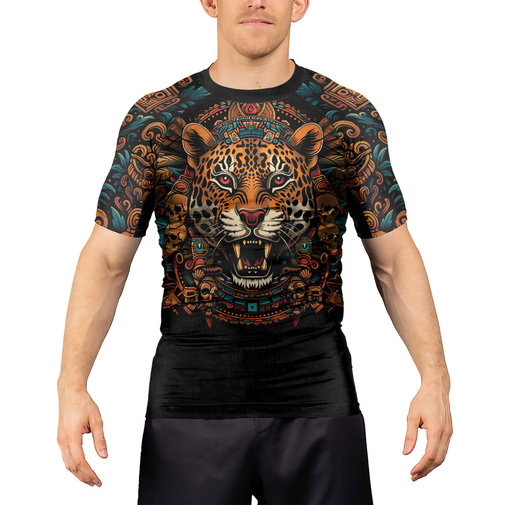 Rashninja Aztec Crimson Wave Men's Short Sleeve Rash Guard