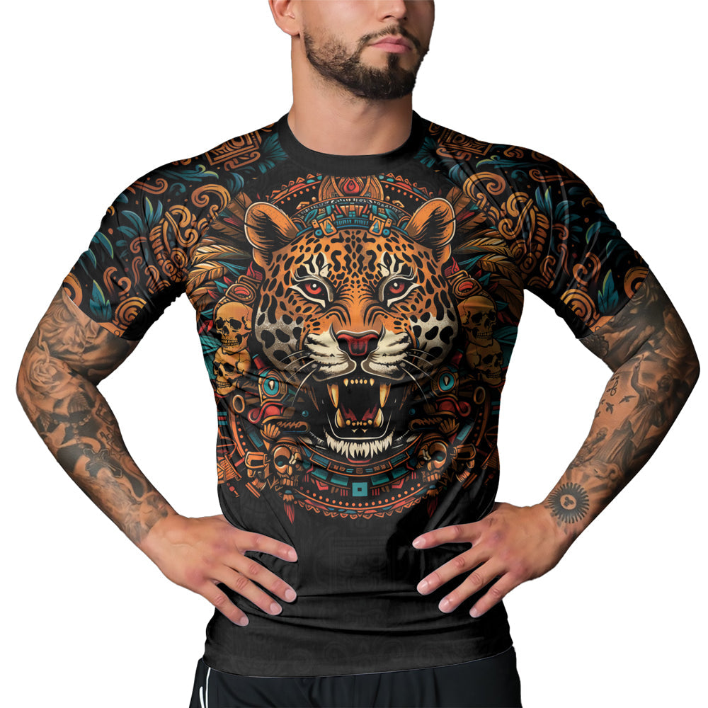 Rashninja Aztec Crimson Wave Men's Short Sleeve Rash Guard