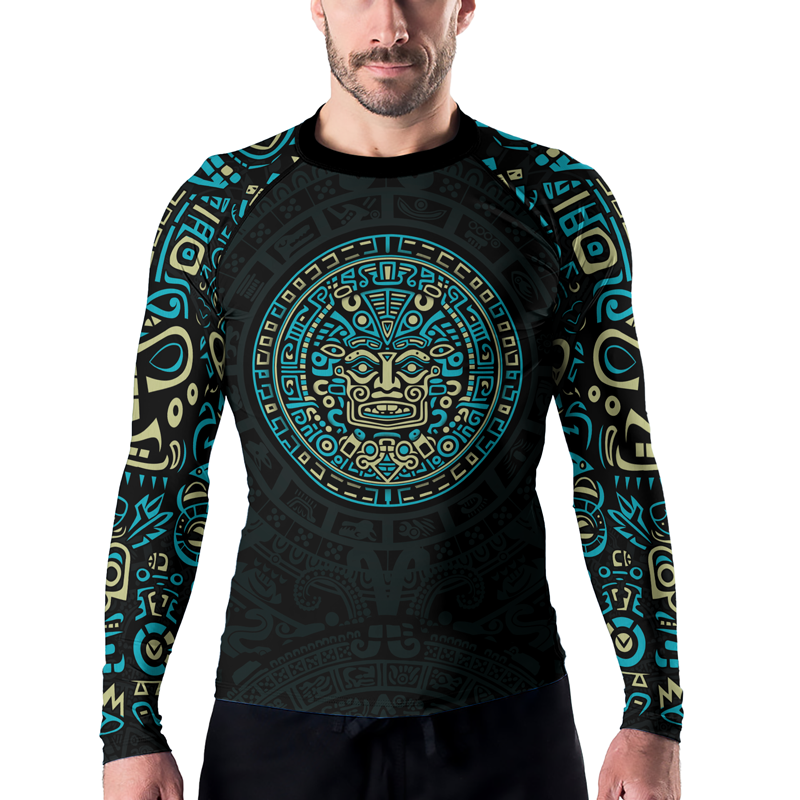 Rashninja Blue And Beige Aztec Calendar Men's Long Sleeve Rash Guard