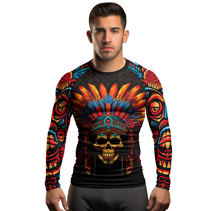 Rashninja Aztec Chieftain Skull Men's Long Sleeve Rash Guard