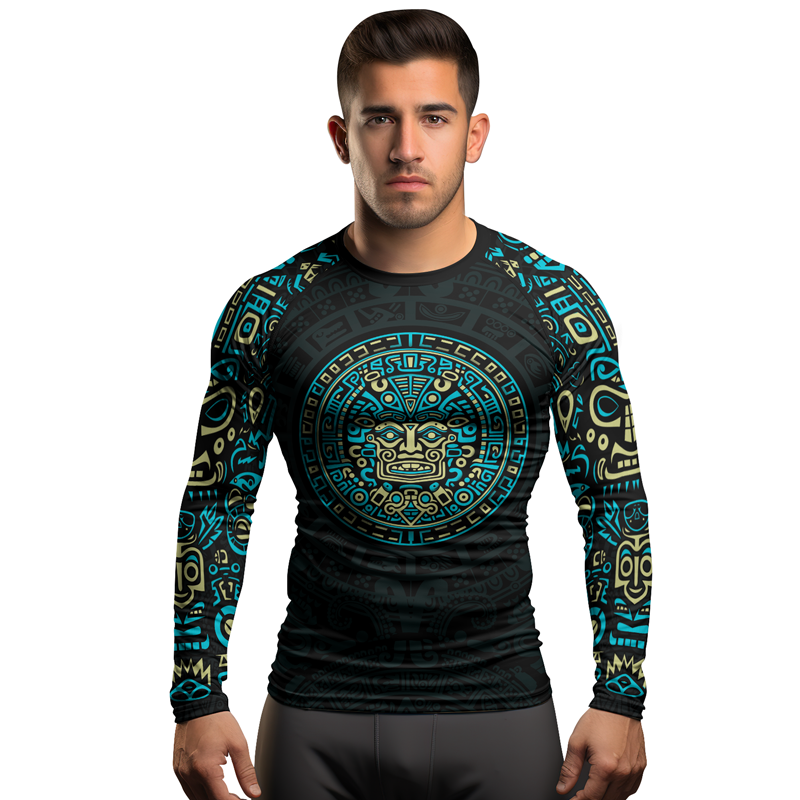 Rashninja Blue And Beige Aztec Calendar Men's Long Sleeve Rash Guard