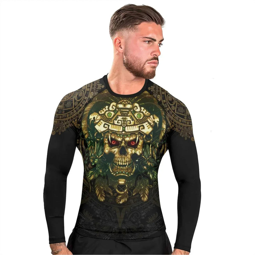 Aztec Jungle Warrior Mask Men's Long Sleeve Rash Guard