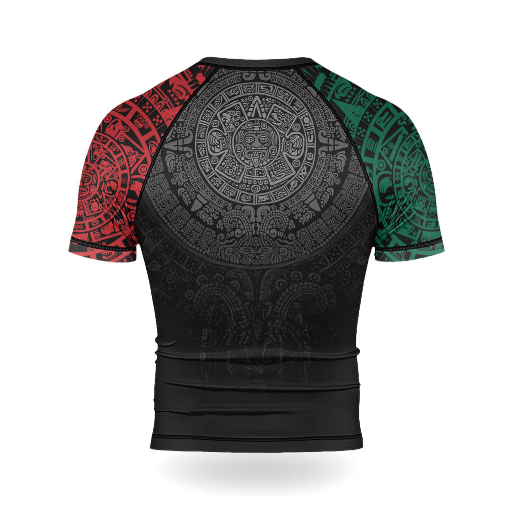 Rashninja Green And Red Aztec Calendar Men's Short Sleeve Rash Guard