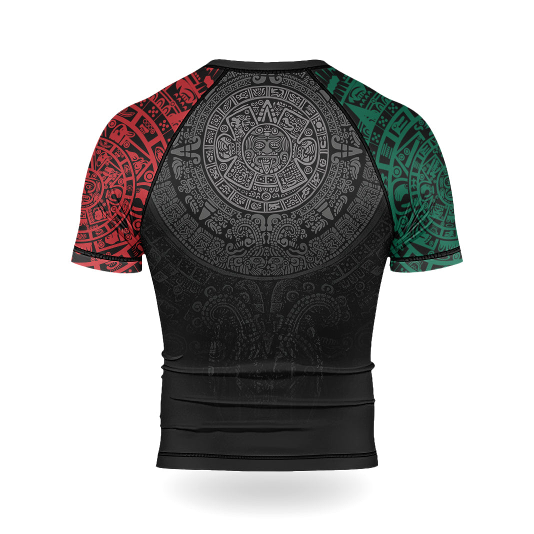 Rashninja Green And Red Aztec Calendar Men's Short Sleeve Rash Guard