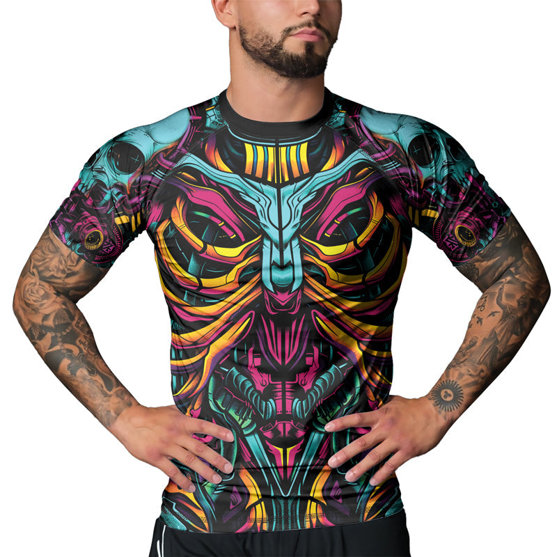 Rashninja Cyber Biomechanic Neon Multi Men's Short Sleeve Rash Guard