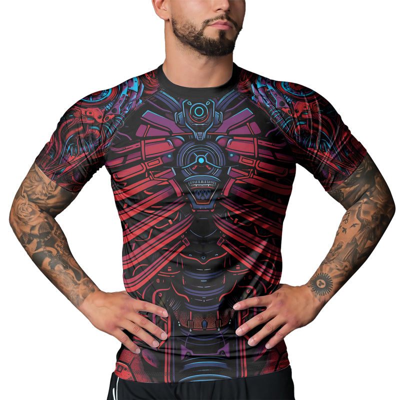 Rashninja Cyber Biomechanic Red Blue Men's Short Sleeve Rash Guard