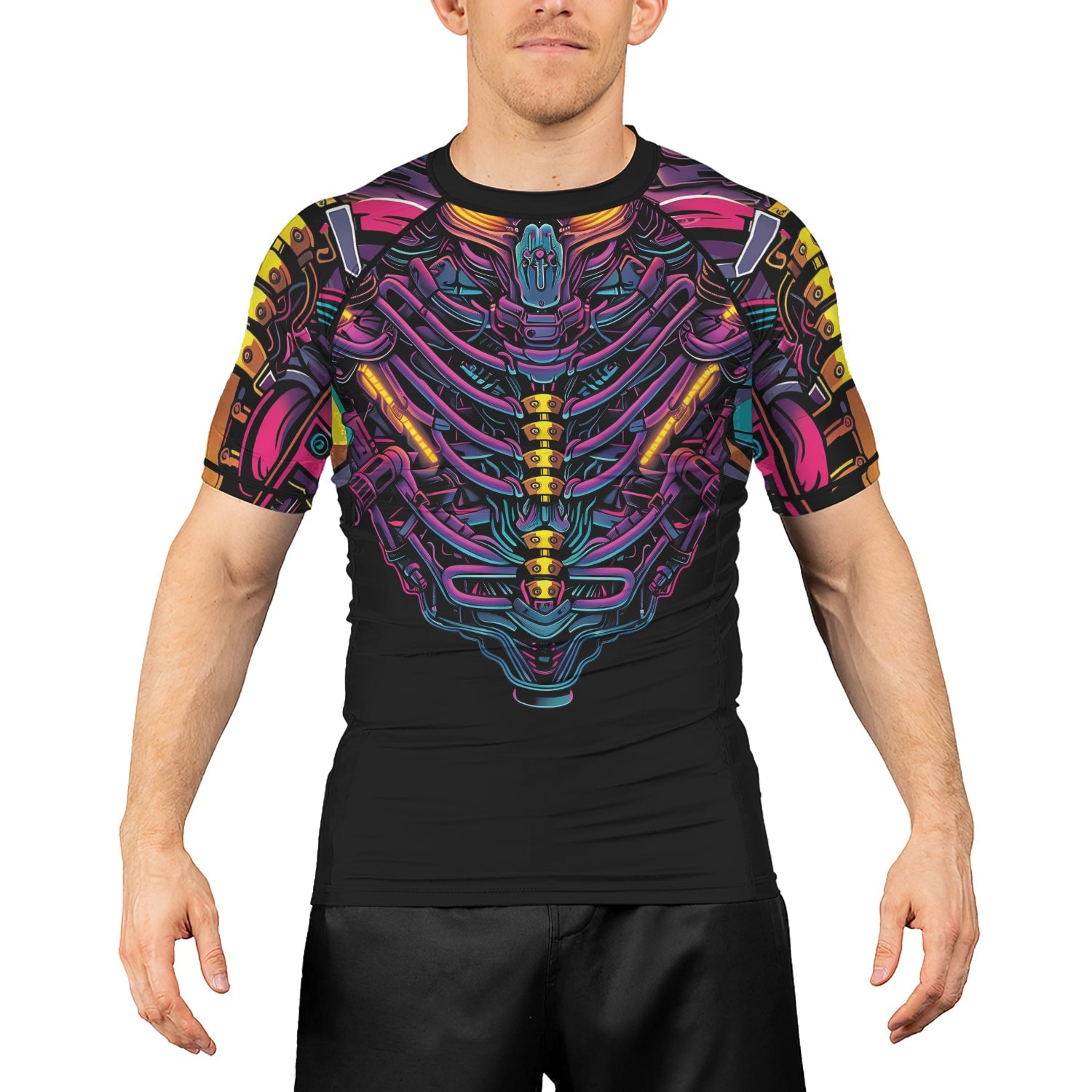Rashninja Cyber Biomechanic Neon Spine Men's Short Sleeve Rash Guard