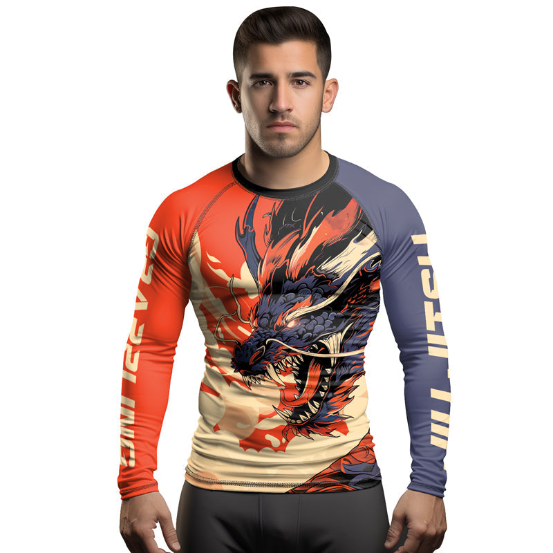 Rashninja Dragon Red Beige Men's Long Sleeve Rash Guard