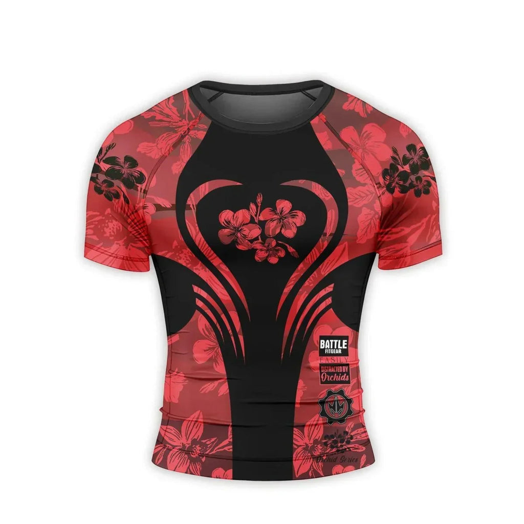 Orchid Series Floral Red Heart Pattern Men's Short Sleeve Rash Guard