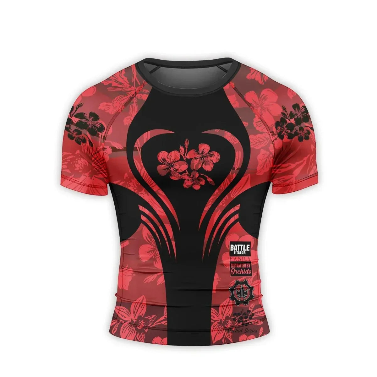 Orchid Series Floral Red Heart Pattern Men's Short Sleeve Rash Guard