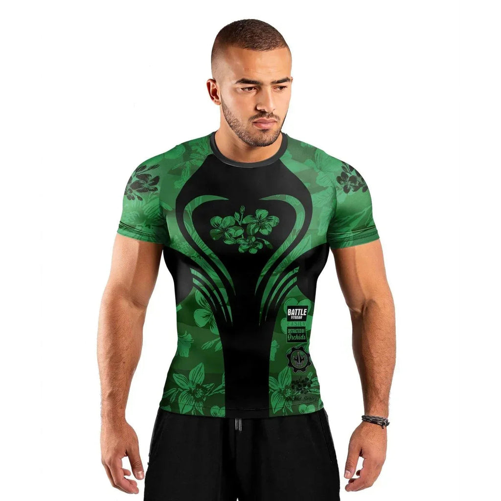 Orchid Series Floral Green Heart Pattern Men's Short Sleeve Rash Guard