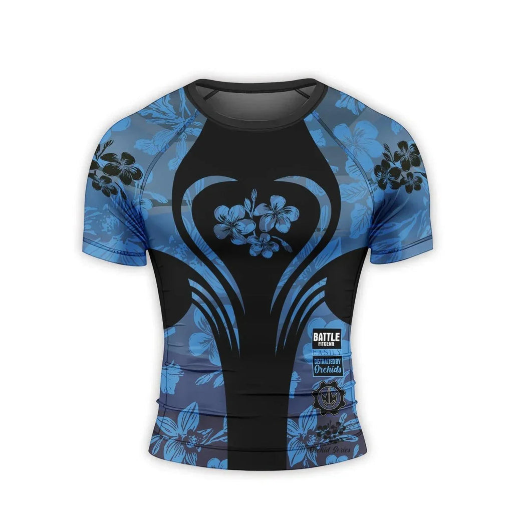 Orchid Series Floral Blue Heart Pattern Men's Short Sleeve Rash Guard
