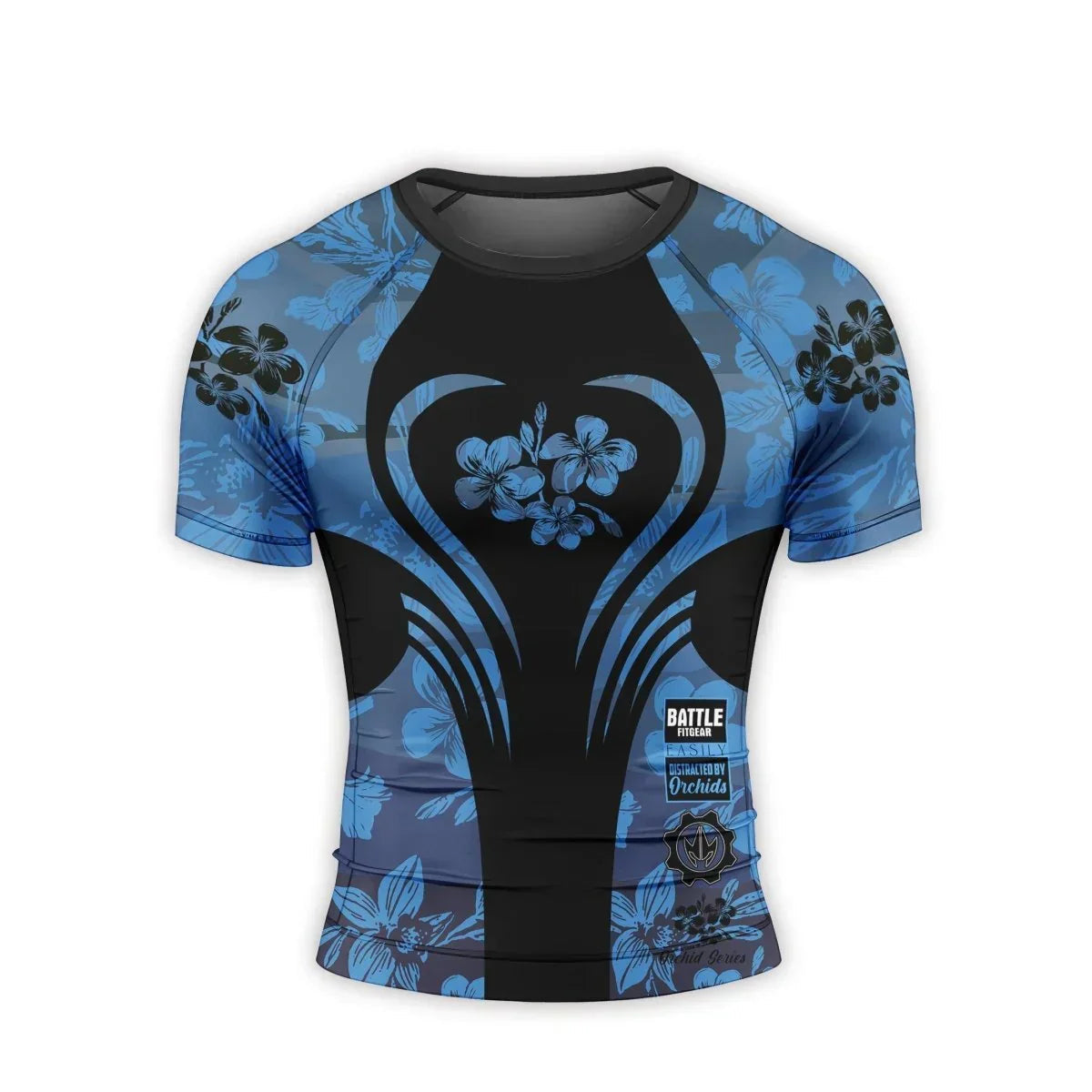 Orchid Series Floral Blue Heart Pattern Men's Short Sleeve Rash Guard