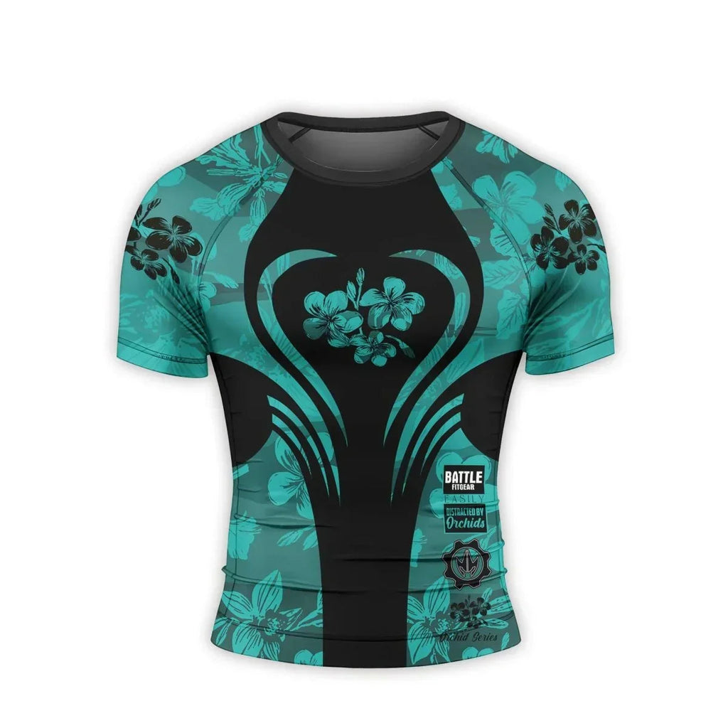 Orchid Series Floral Teal Heart Pattern Men's Short Sleeve Rash Guard