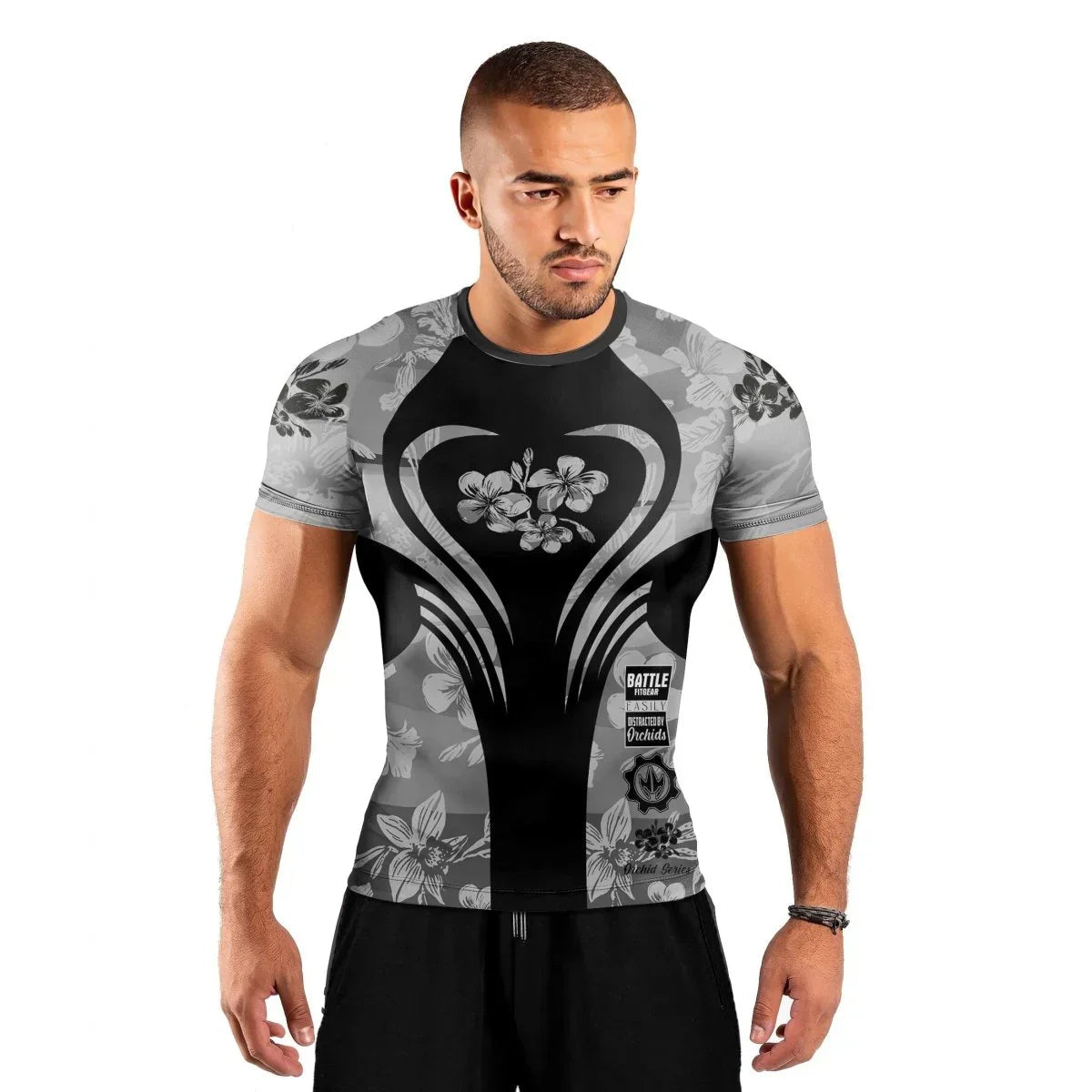 Orchid Series Floral Grey Heart Pattern Men's Short Sleeve Rash Guard