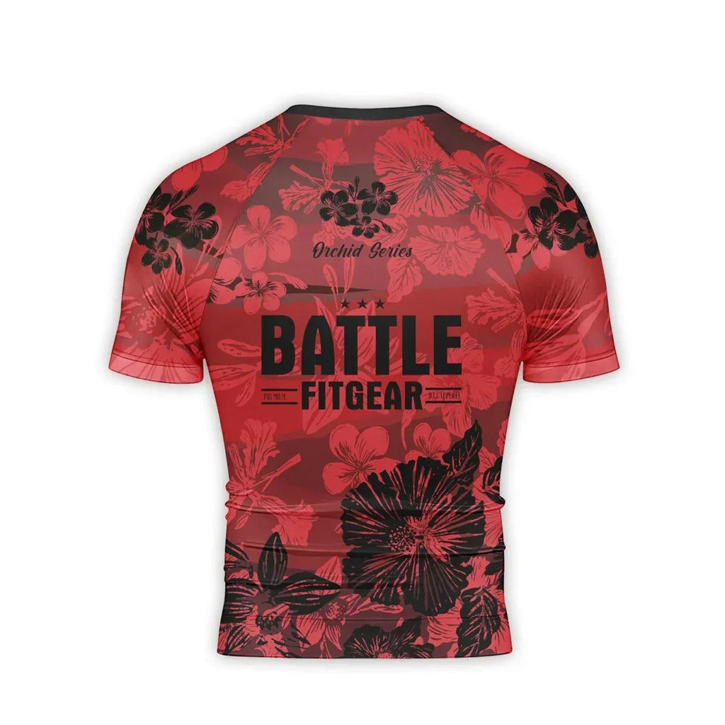 Orchid Series Floral Red Heart Pattern Men's Short Sleeve Rash Guard