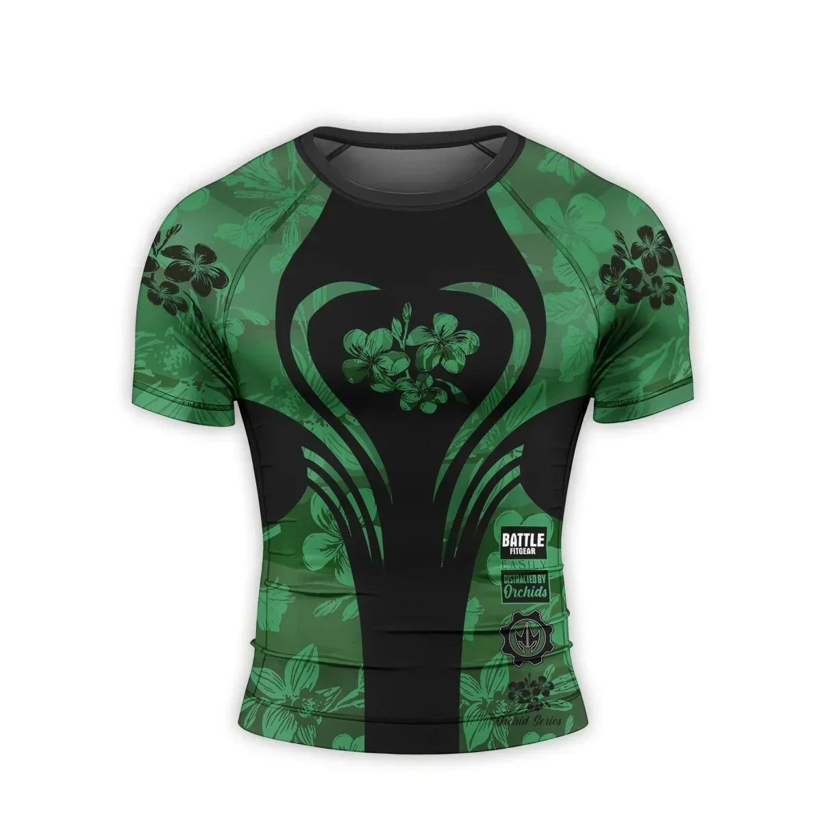 Orchid Series Floral Green Heart Pattern Men's Short Sleeve Rash Guard
