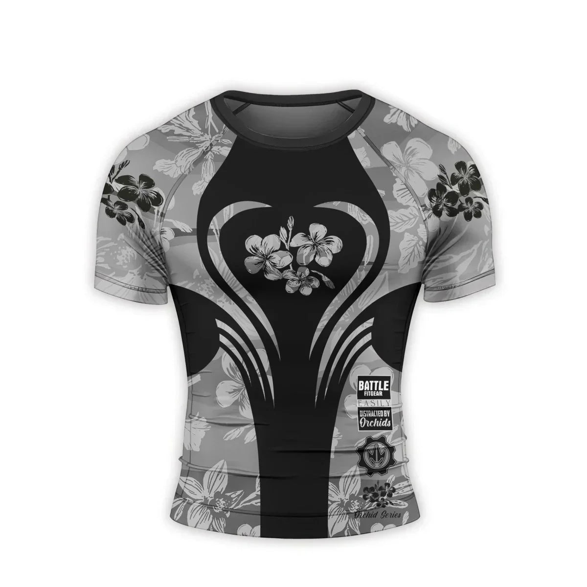 Orchid Series Floral Grey Heart Pattern Men's Short Sleeve Rash Guard