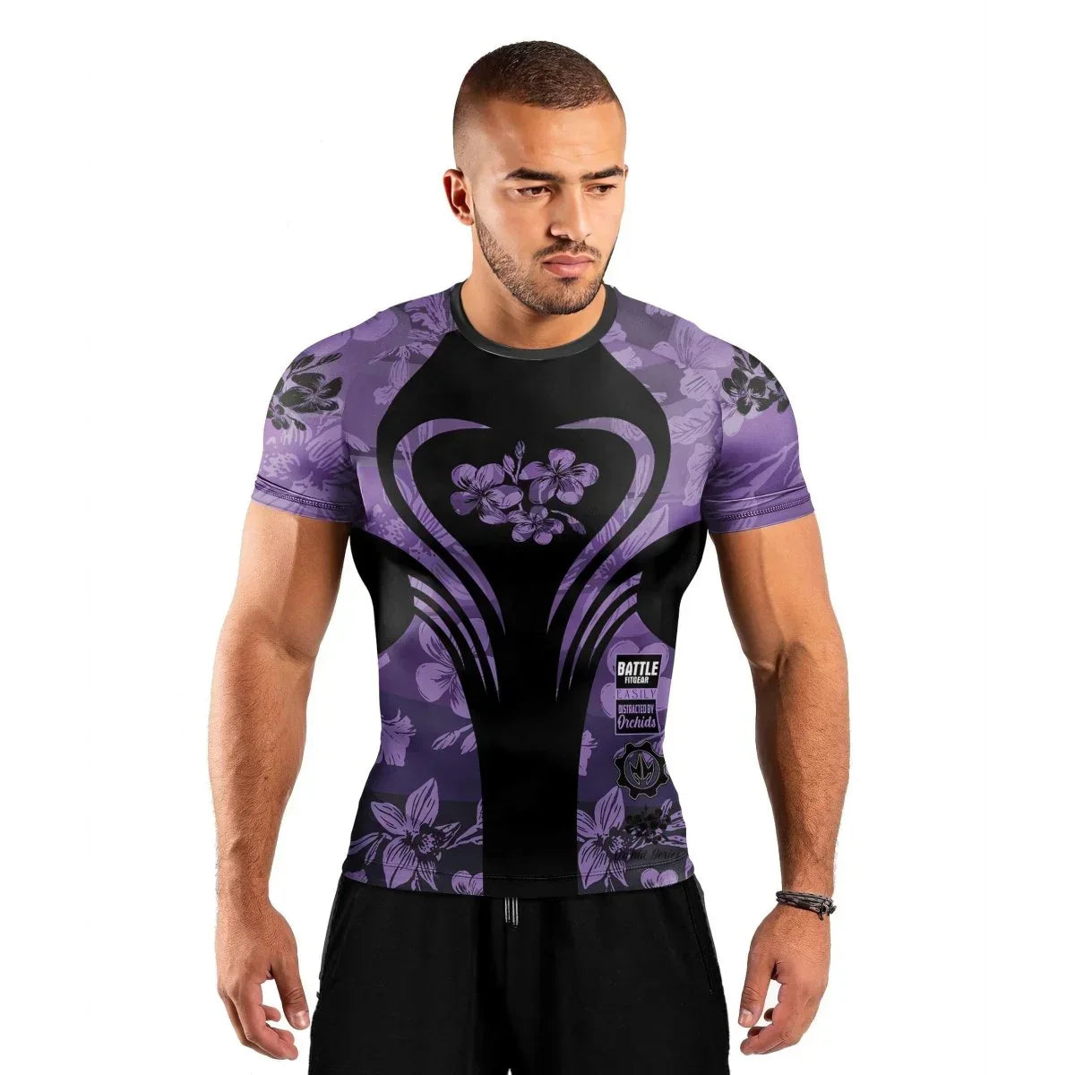 Orchid Series Floral Violet Heart Pattern Men's Short Sleeve Rash Guard