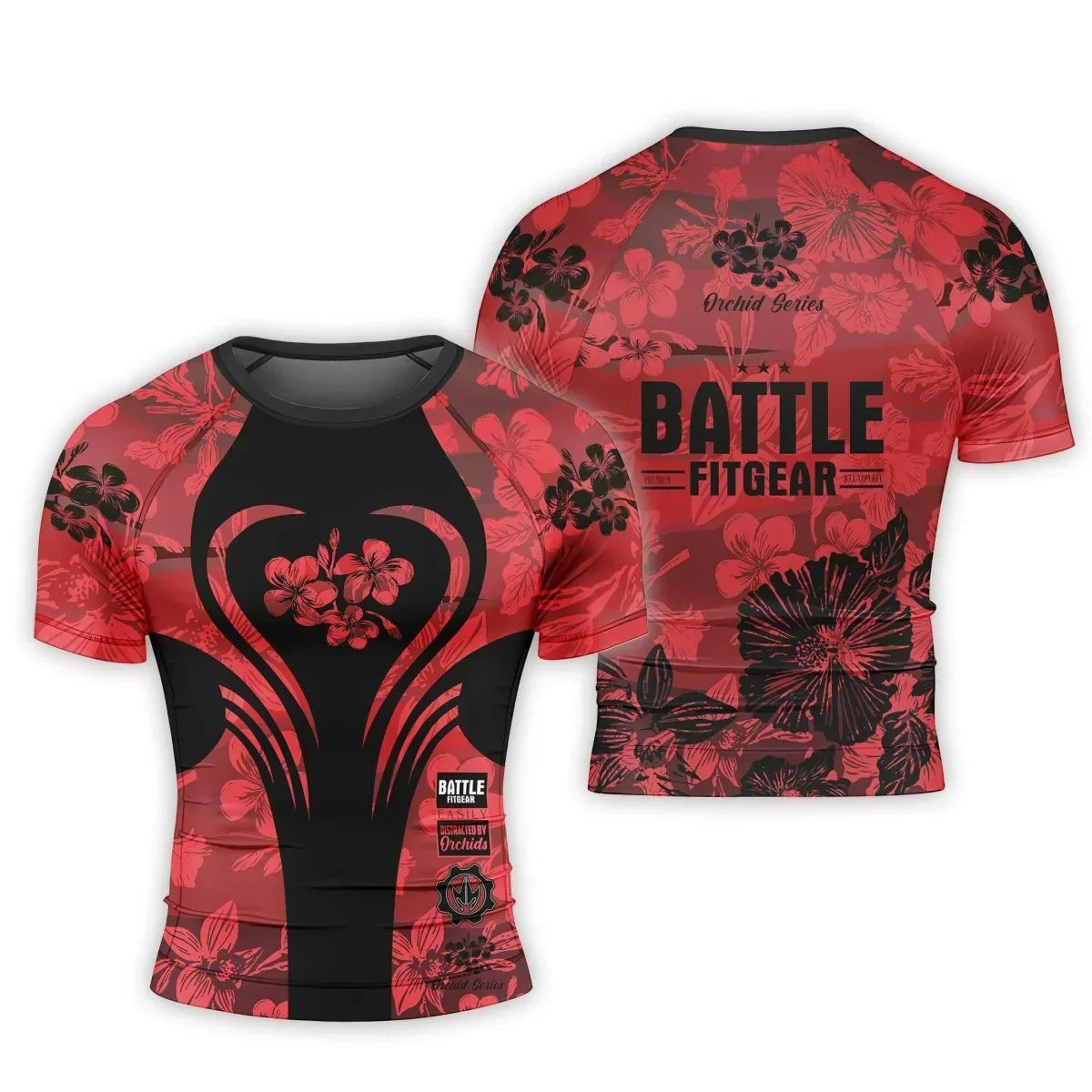 Orchid Series Floral Red Heart Pattern Men's Short Sleeve Rash Guard