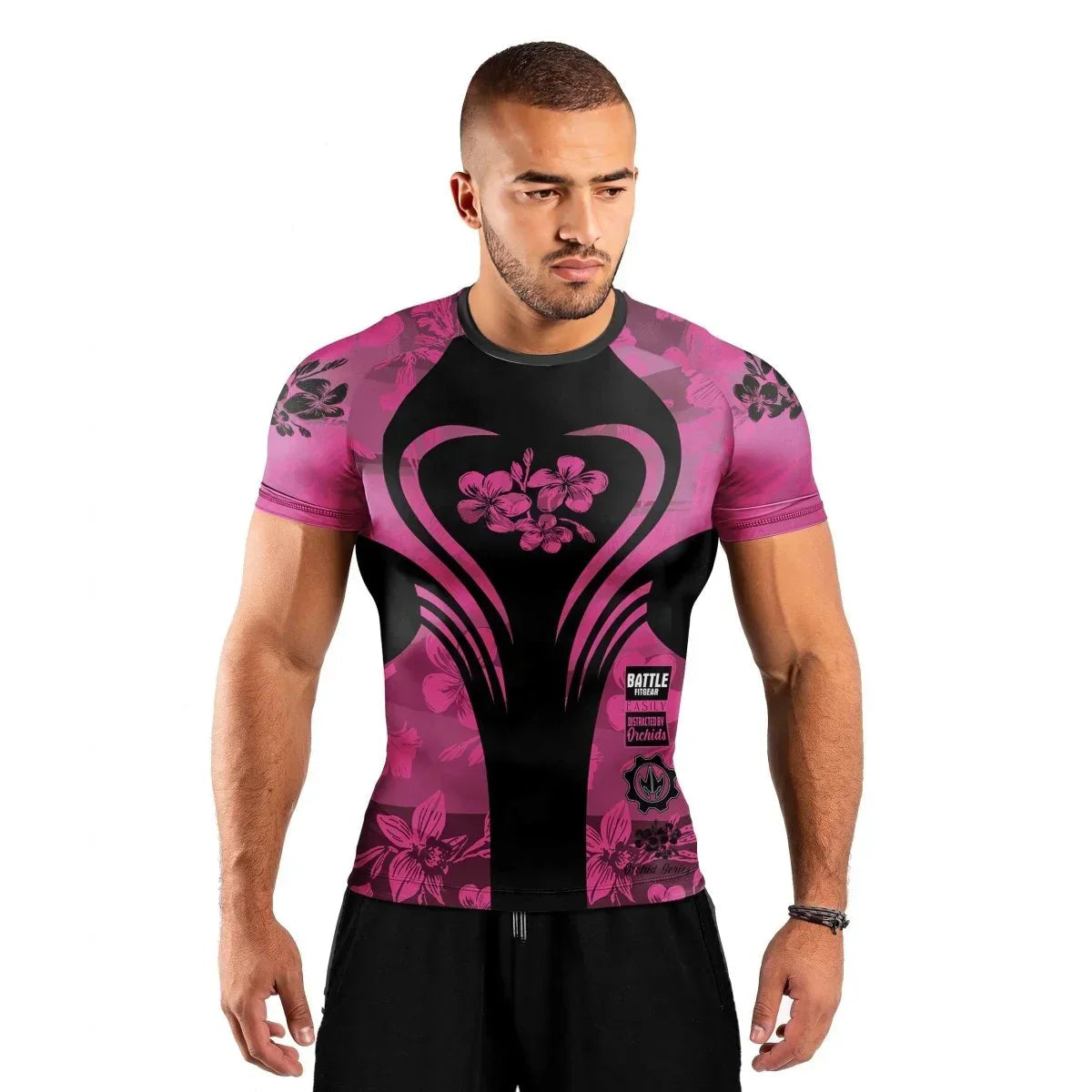 Orchid Series Floral Pink Heart Pattern Men's Short Sleeve Rash Guard