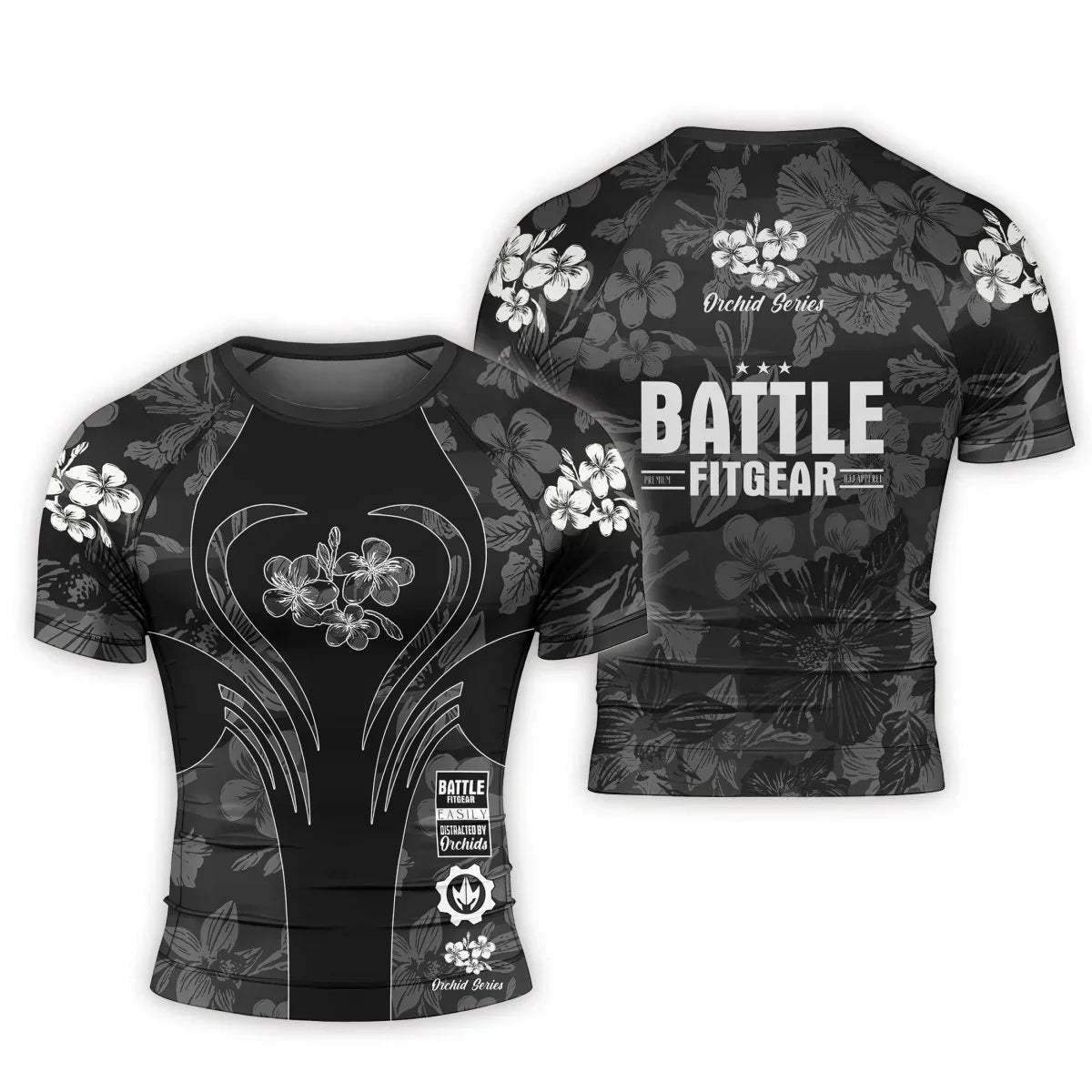 Orchid Series Floral Black Heart Pattern Men's Short Sleeve Rash Guard