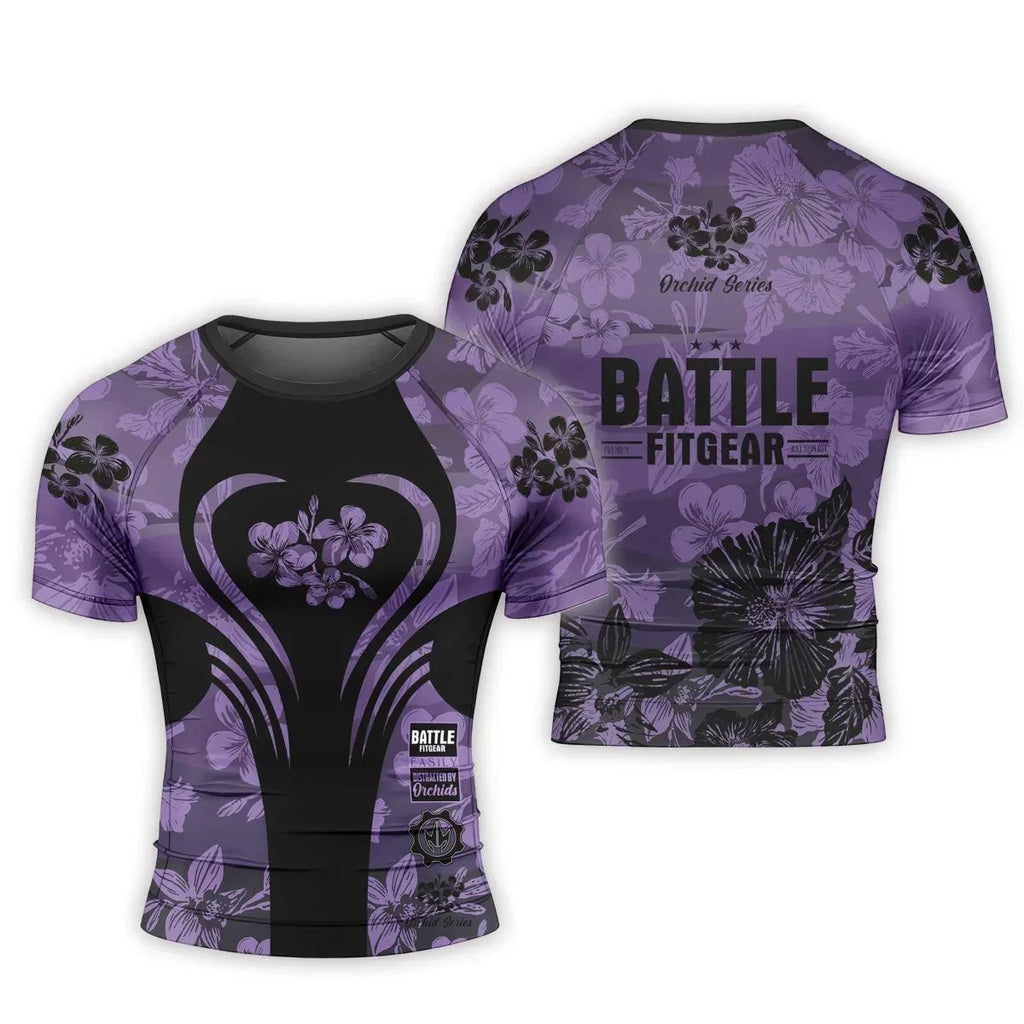 Orchid Series Floral Violet Heart Pattern Men's Short Sleeve Rash Guard
