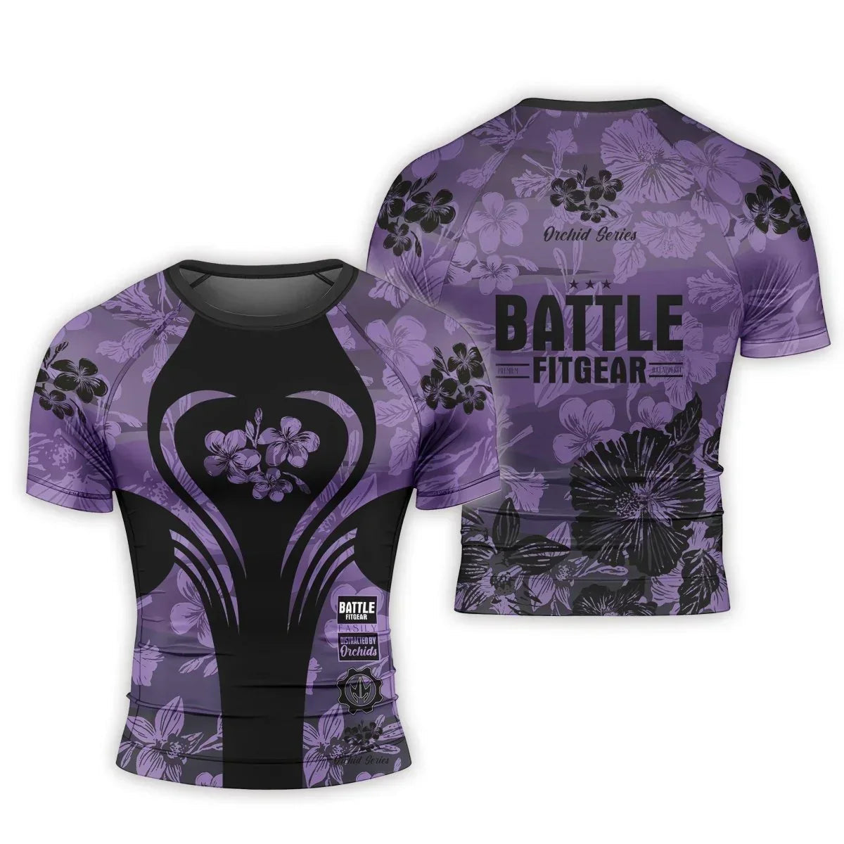 Orchid Series Floral Violet Heart Pattern Men's Short Sleeve Rash Guard
