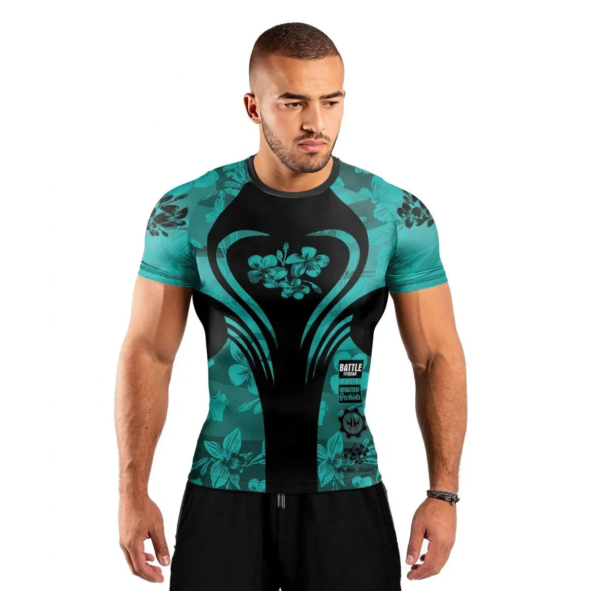Orchid Series Floral Teal Heart Pattern Men's Short Sleeve Rash Guard