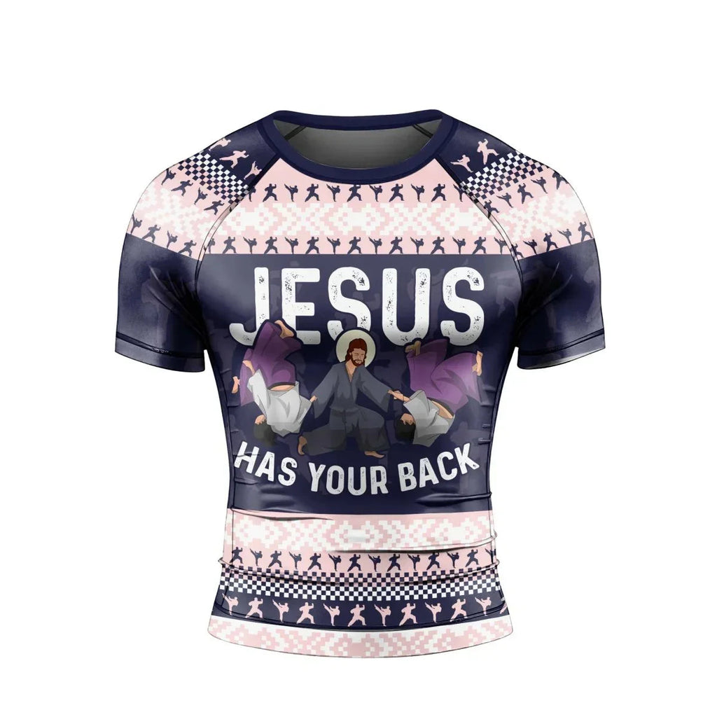 Jesus Has Your Back Men's Short Sleeve Rash Guard
