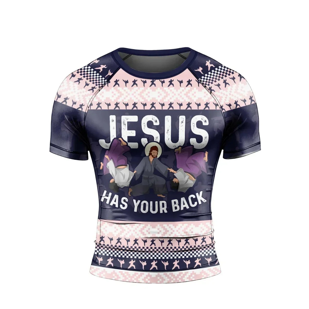 Jesus Has Your Back Men's Short Sleeve Rash Guard