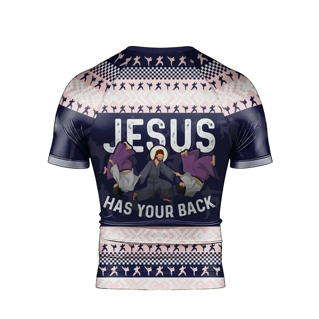 Jesus Has Your Back Men's Short Sleeve Rash Guard