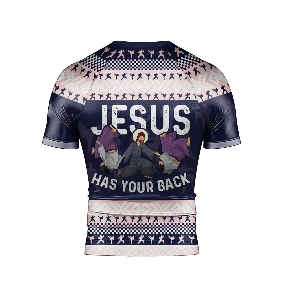 Jesus Has Your Back Men's Short Sleeve Rash Guard