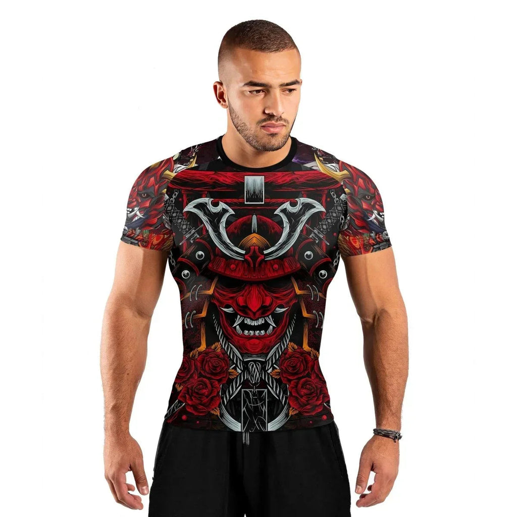 Japanese Red Demon Samurai Short Sleeve Rash Guard