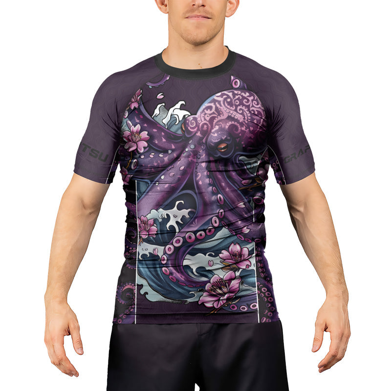 Rashninja Octopus Sakura Purple Men's Short Sleeve Rash Guard