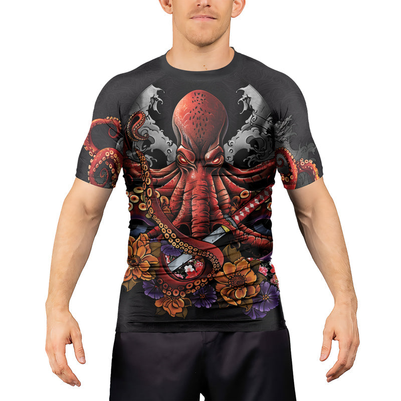 Rashninja Octopus Black Red Men's Short Sleeve Rash Guard