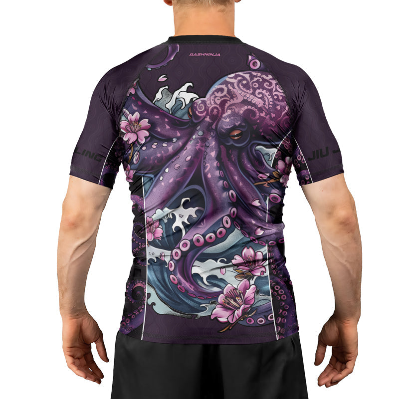 Rashninja Octopus Sakura Purple Men's Short Sleeve Rash Guard