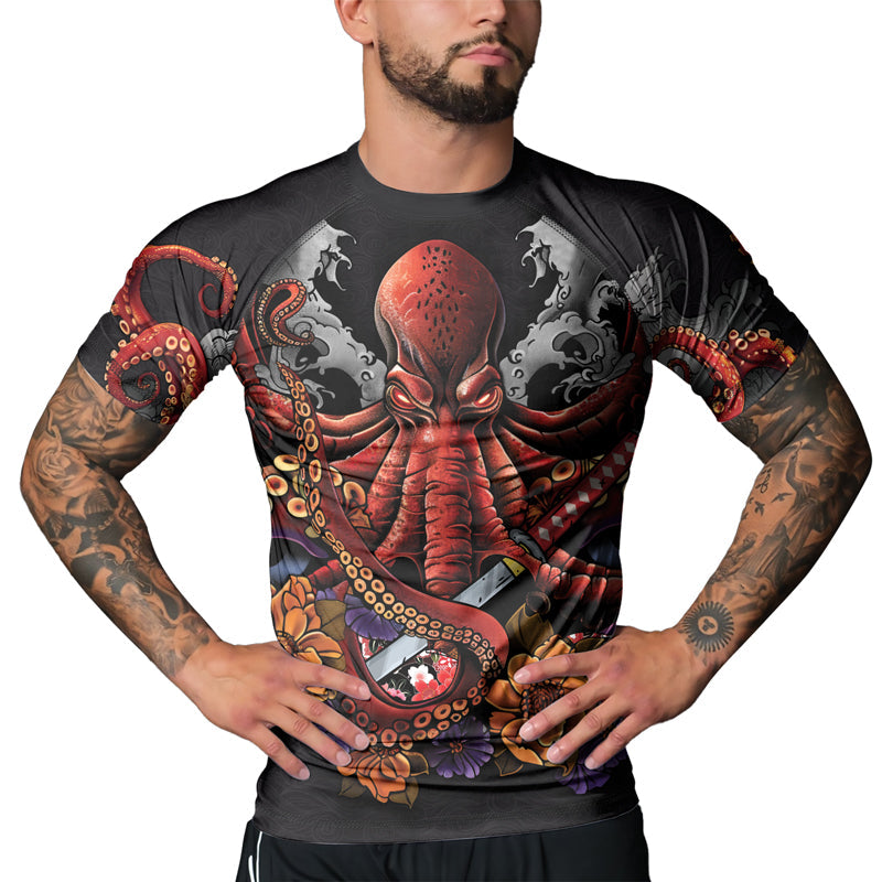 Rashninja Octopus Black Red Men's Short Sleeve Rash Guard