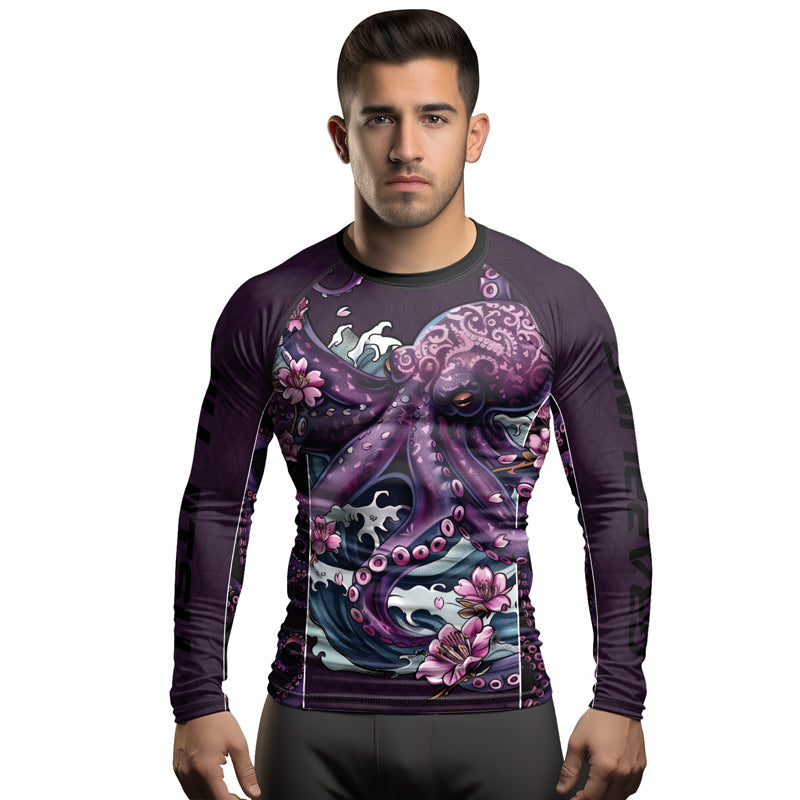 Rashninja Octopus Sakura Purple Men's Long Sleeve Rash Guard