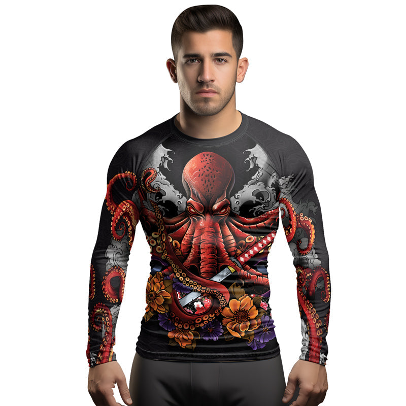Rashninja Octopus Black Red Men's Long Sleeve Rash Guard