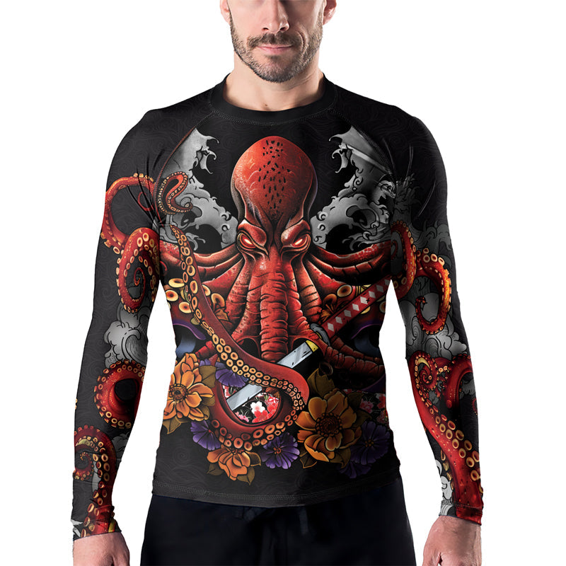Rashninja Octopus Black Red Men's Long Sleeve Rash Guard