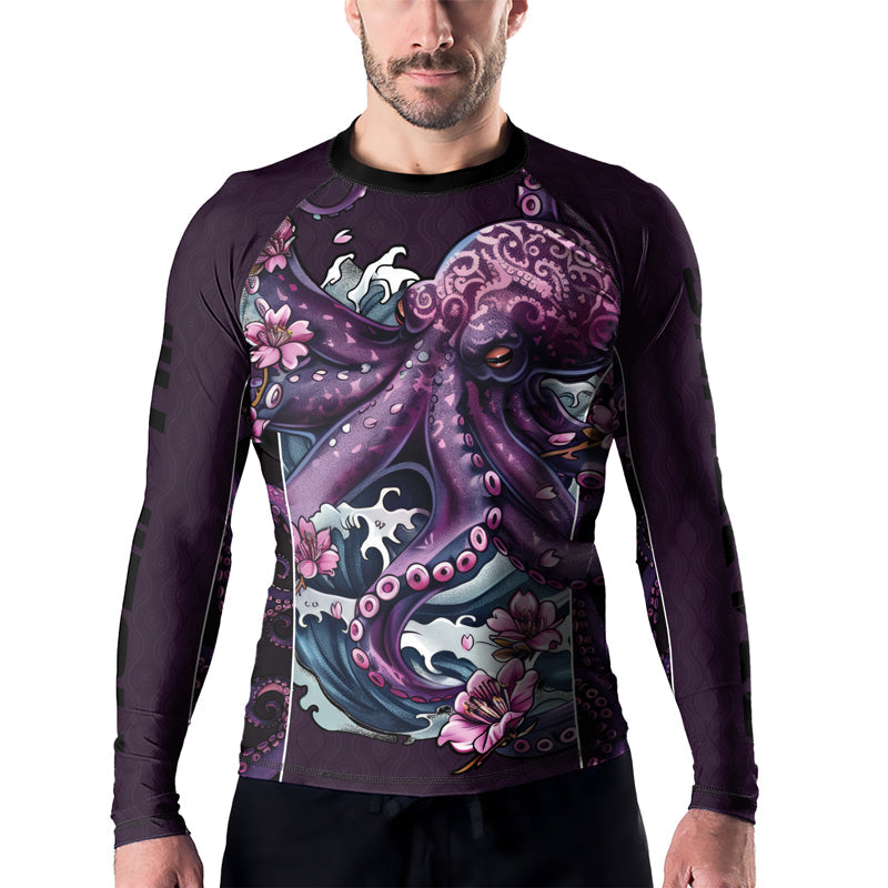 Rashninja Octopus Sakura Purple Men's Long Sleeve Rash Guard