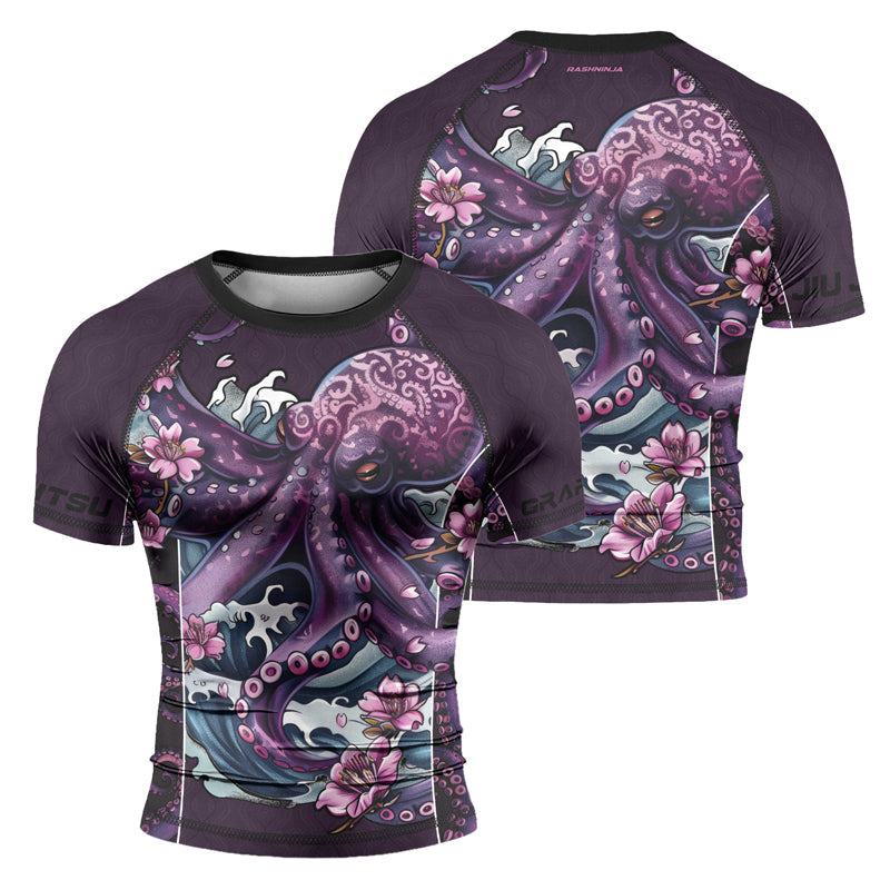Rashninja Octopus Sakura Purple Men's Short Sleeve Rash Guard