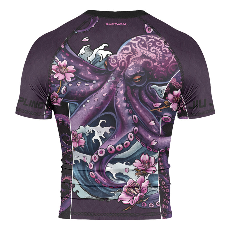 Rashninja Octopus Sakura Purple Men's Short Sleeve Rash Guard
