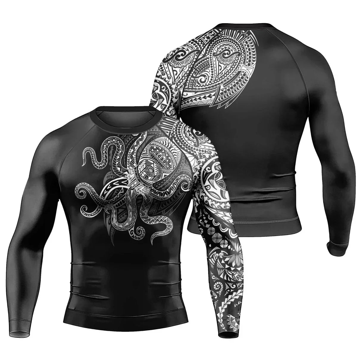 Octopus Tribal Tattoo Men's Long Sleeve Rash Guard