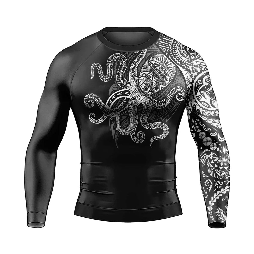 Octopus Tribal Tattoo Men's Long Sleeve Rash Guard